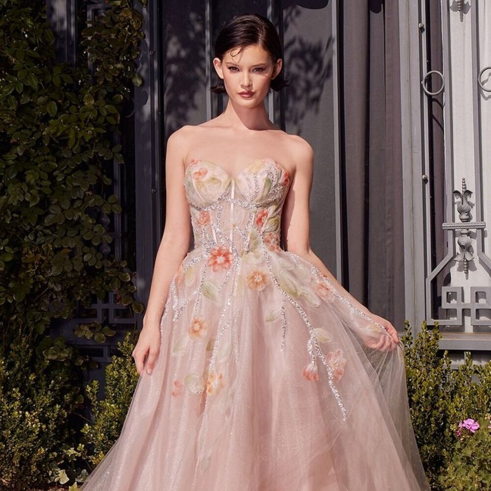 NEW FORMAL LONG SLEEVELESS STRAPLESS FLORAL PROM DRESS W/ SHEER BODICE CD A1383